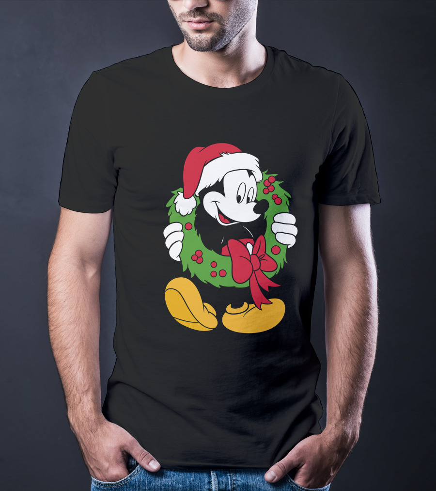 Disney Mickey Mouse Christmas Santa Hat Wreath Bow T-Shirt