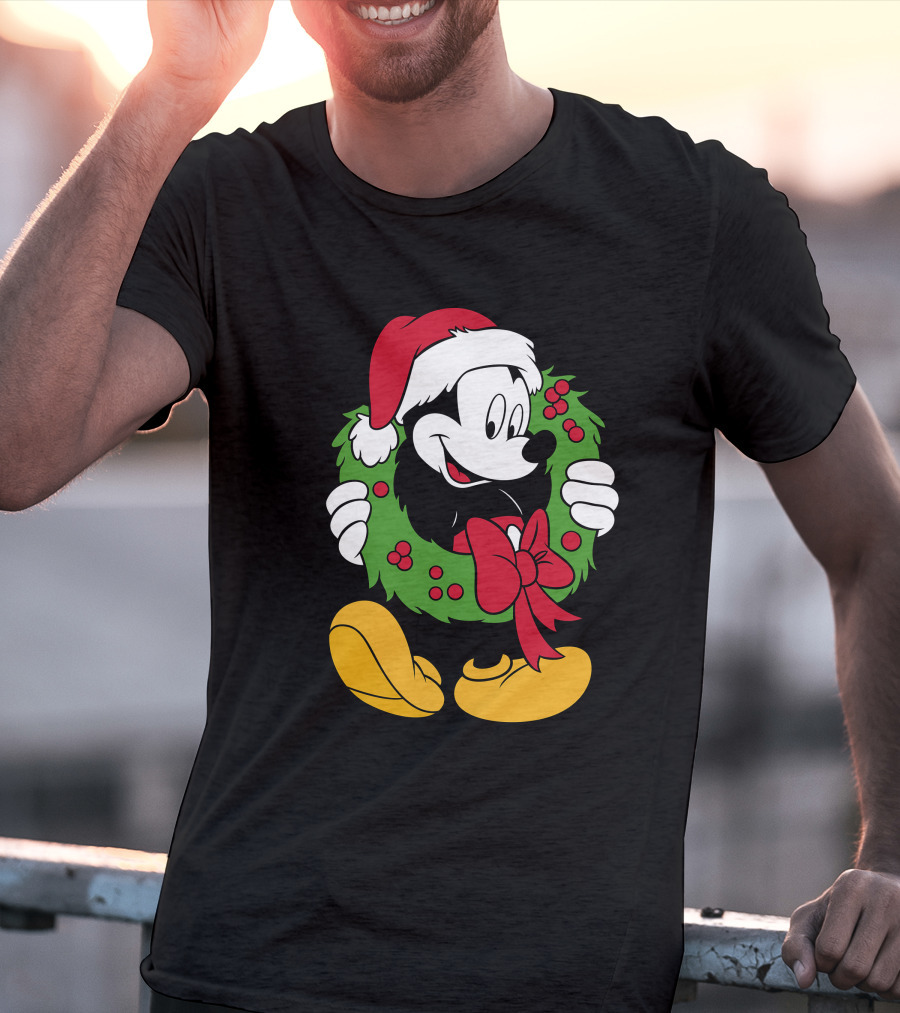 Disney Mickey Mouse Christmas Santa Hat Wreath Bow T-Shirt