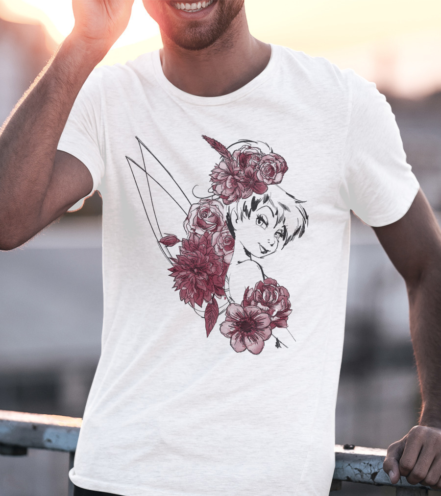 Disney Peter Pan Tinkerbell Red Floral Outline T-Shirt