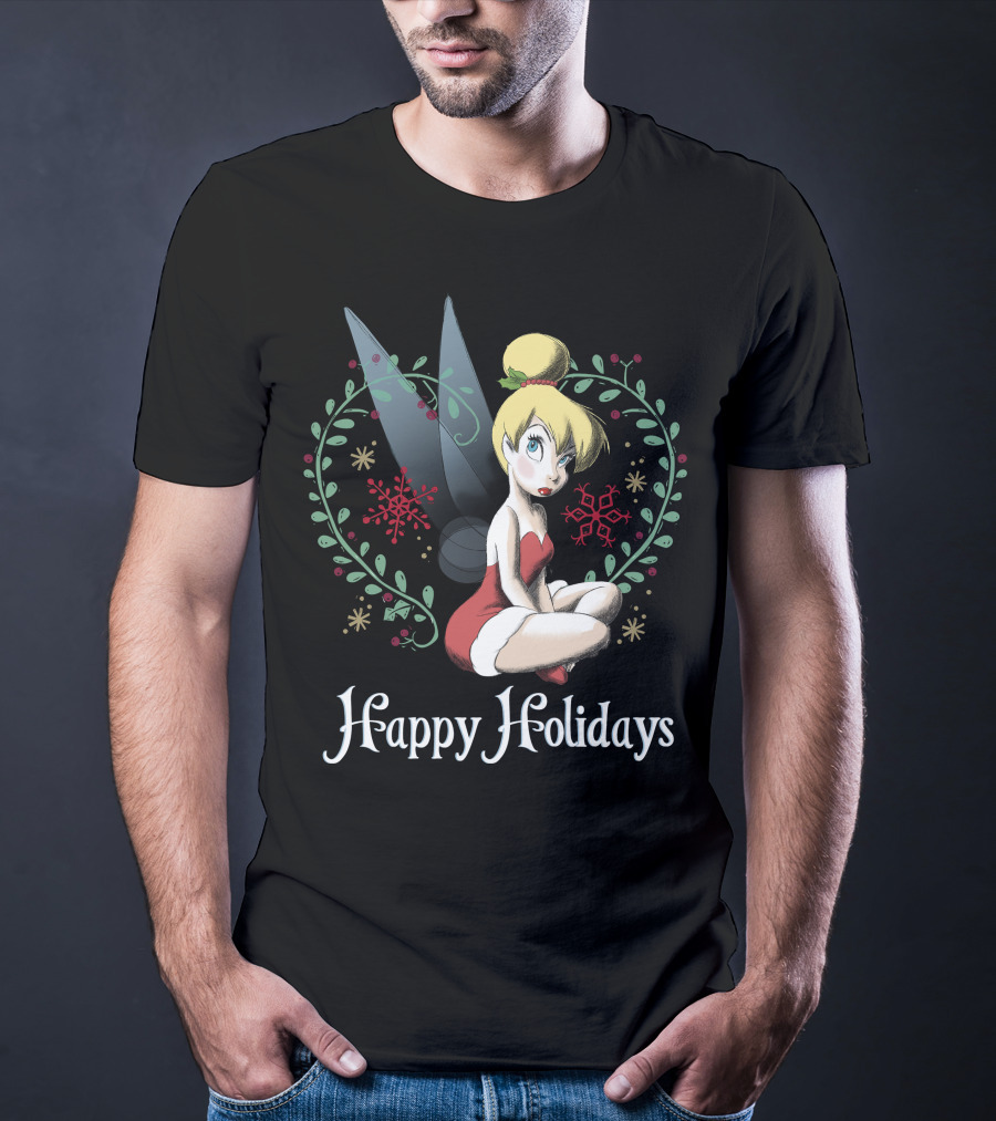 Disney Peter Pan Tinkerbell Happy Holidays Christmas Snowflakes T-Shirt
