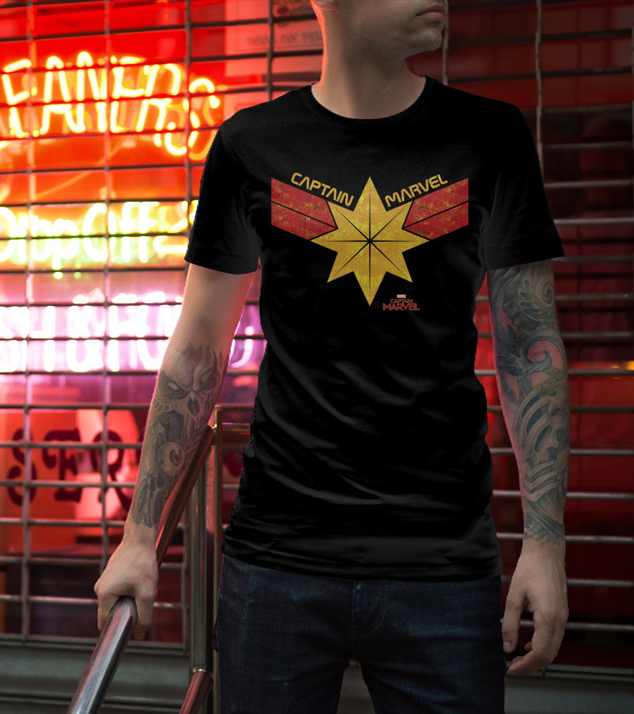 Captain Marvel Distressed Star Emblem With Red Ribbons T-Shirt