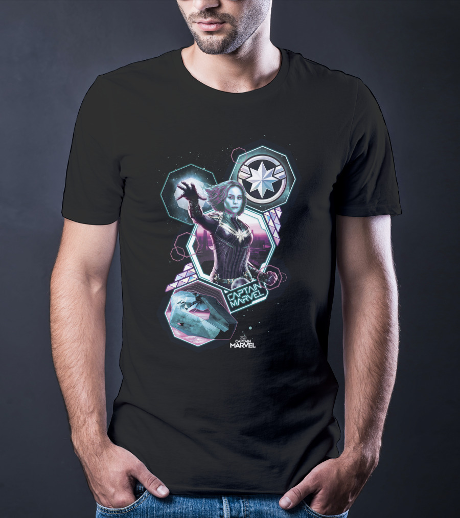 Captain Marvel Cosmic Starburst And Hexagonal Elements T-Shirt