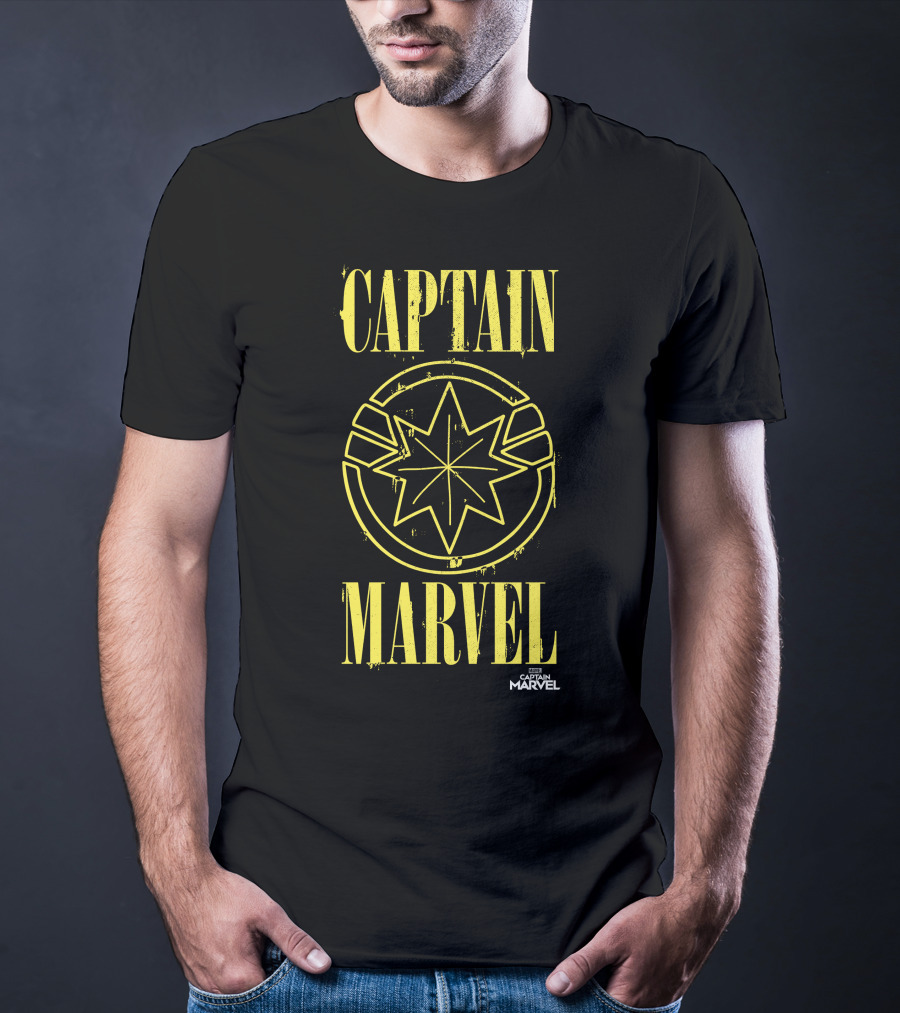 CAPTAIN MARVEL Yellow Star Emblem With Paint Drip Effect T-Shirt