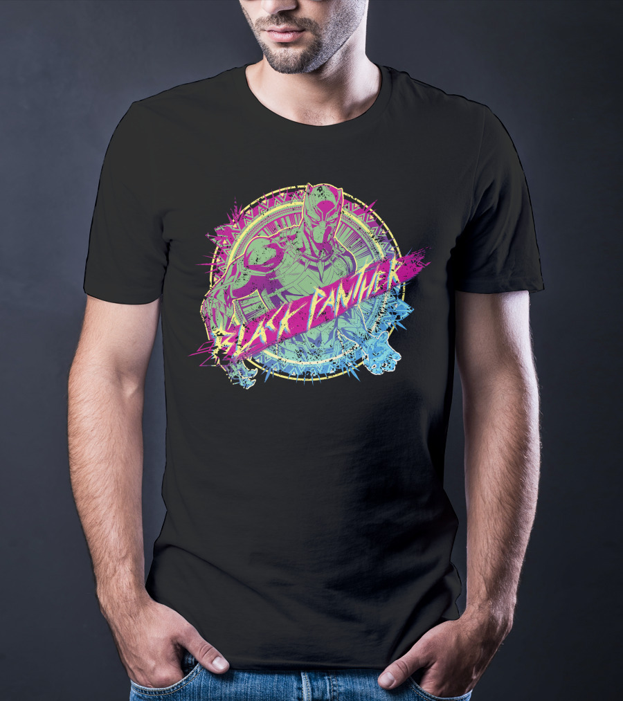 Black Panther Neon Paint Splatter Marvel Text T-Shirt