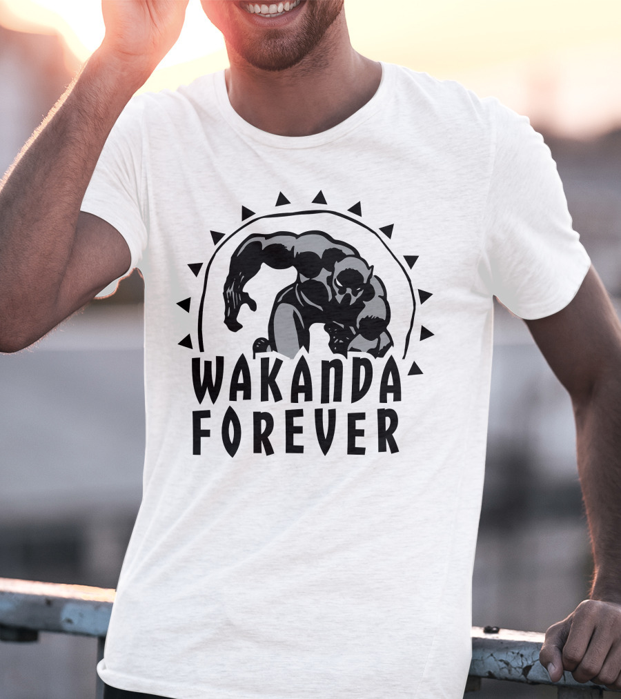 Marvel Black Panther Wakanda Forever Sun Triangles Hero Pose T-Shirt