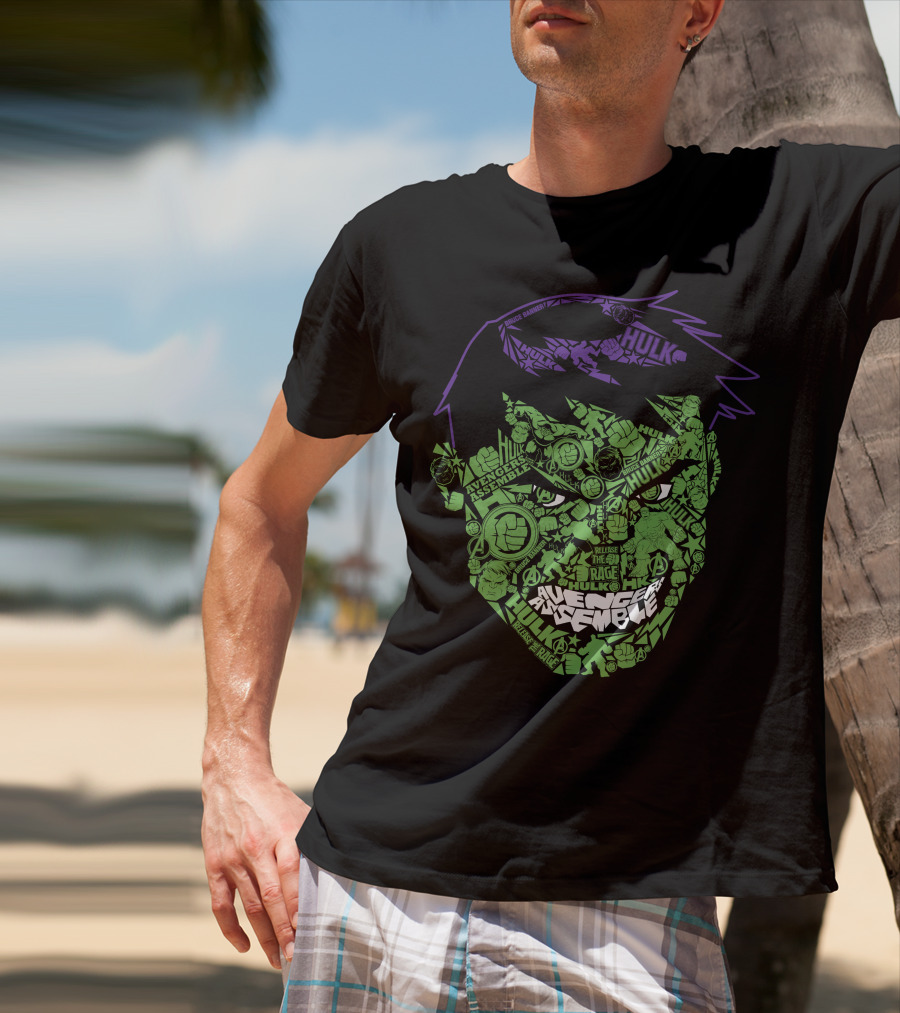 Avengers Assemble Hulk Rage Face With Smash Symbol And Purple Hair Elements T-Shirt