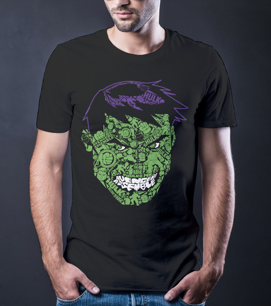 Avengers Assemble Hulk Rage Face With Smash Symbol And Purple Hair Elements T-Shirt