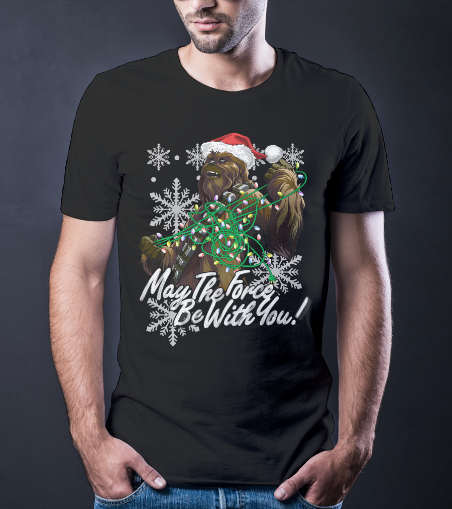 May The Force Be With You Chewbacca Santa Hat Tangled Lights Snowflakes T-Shirt