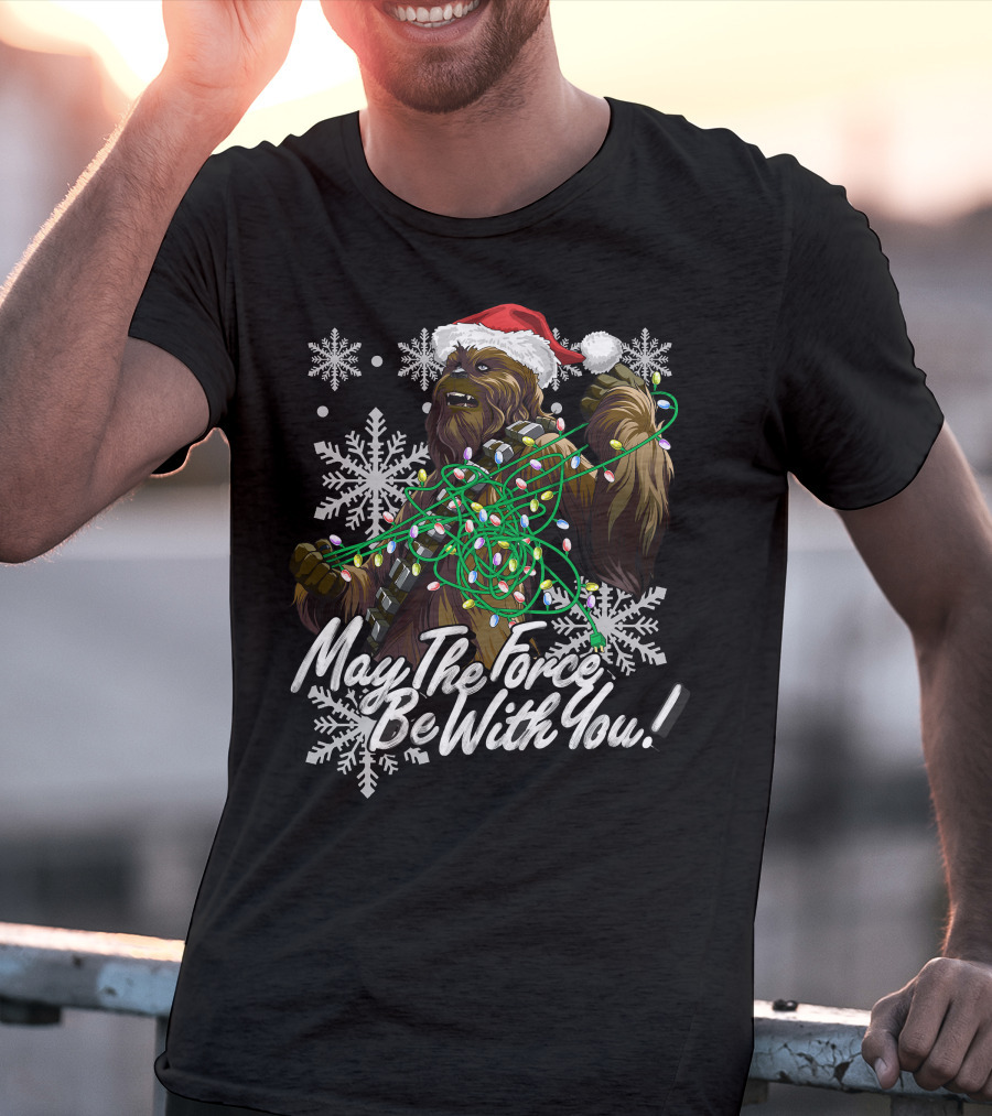 May The Force Be With You Chewbacca Santa Hat Tangled Lights Snowflakes T-Shirt
