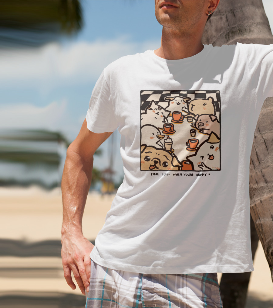 Time Flies When You're Happy With Cute Animals At Coffee Table T-Shirt