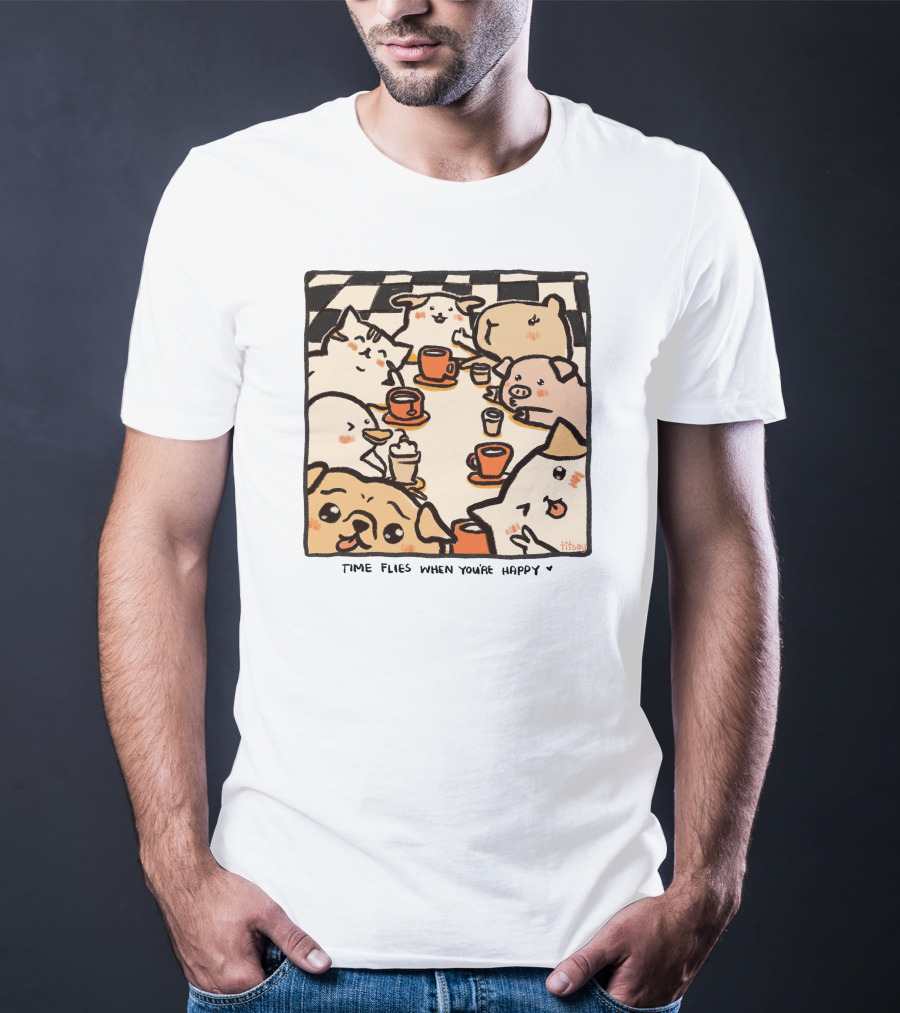 Time Flies When You're Happy With Cute Animals At Coffee Table T-Shirt