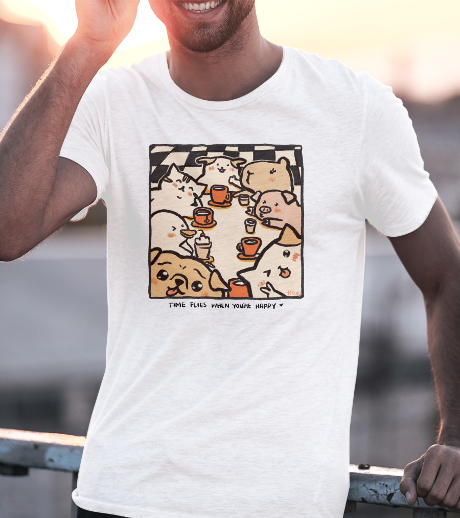 Time Flies When You're Happy With Cute Animals At Coffee Table T-Shirt