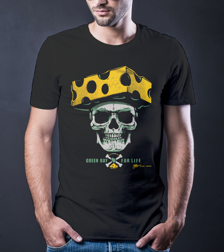Green Bay For Life Skull Cheesehead T-Shirt