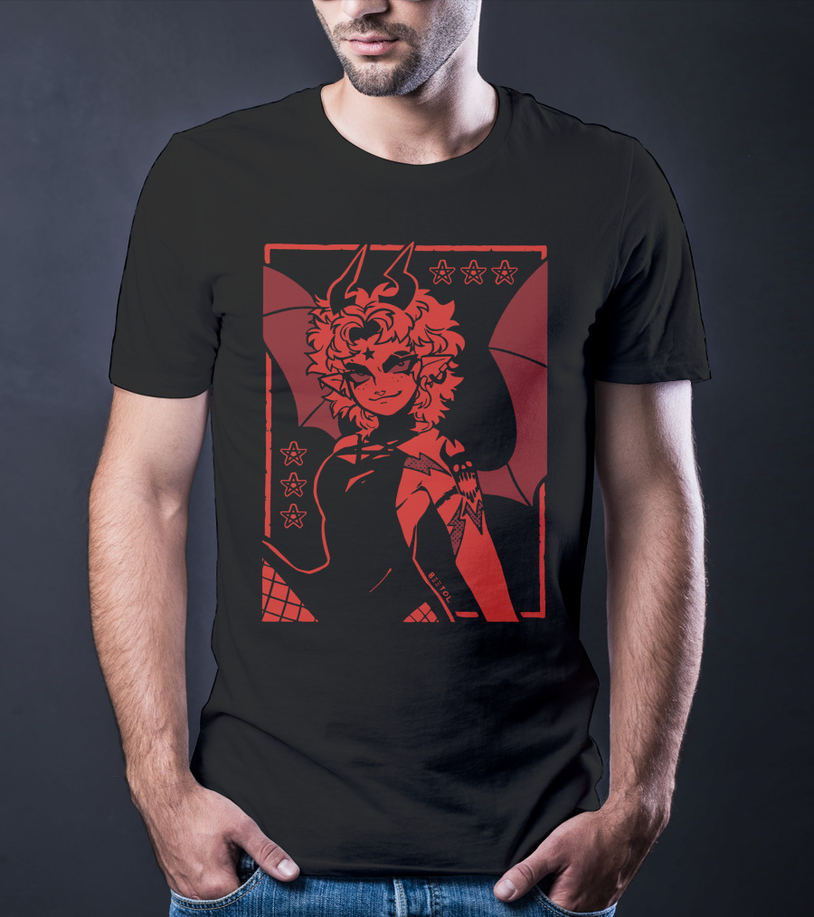He's Satanic Red Devil Horned Figure With Bat Wings And Stars By Bitol T-Shirt