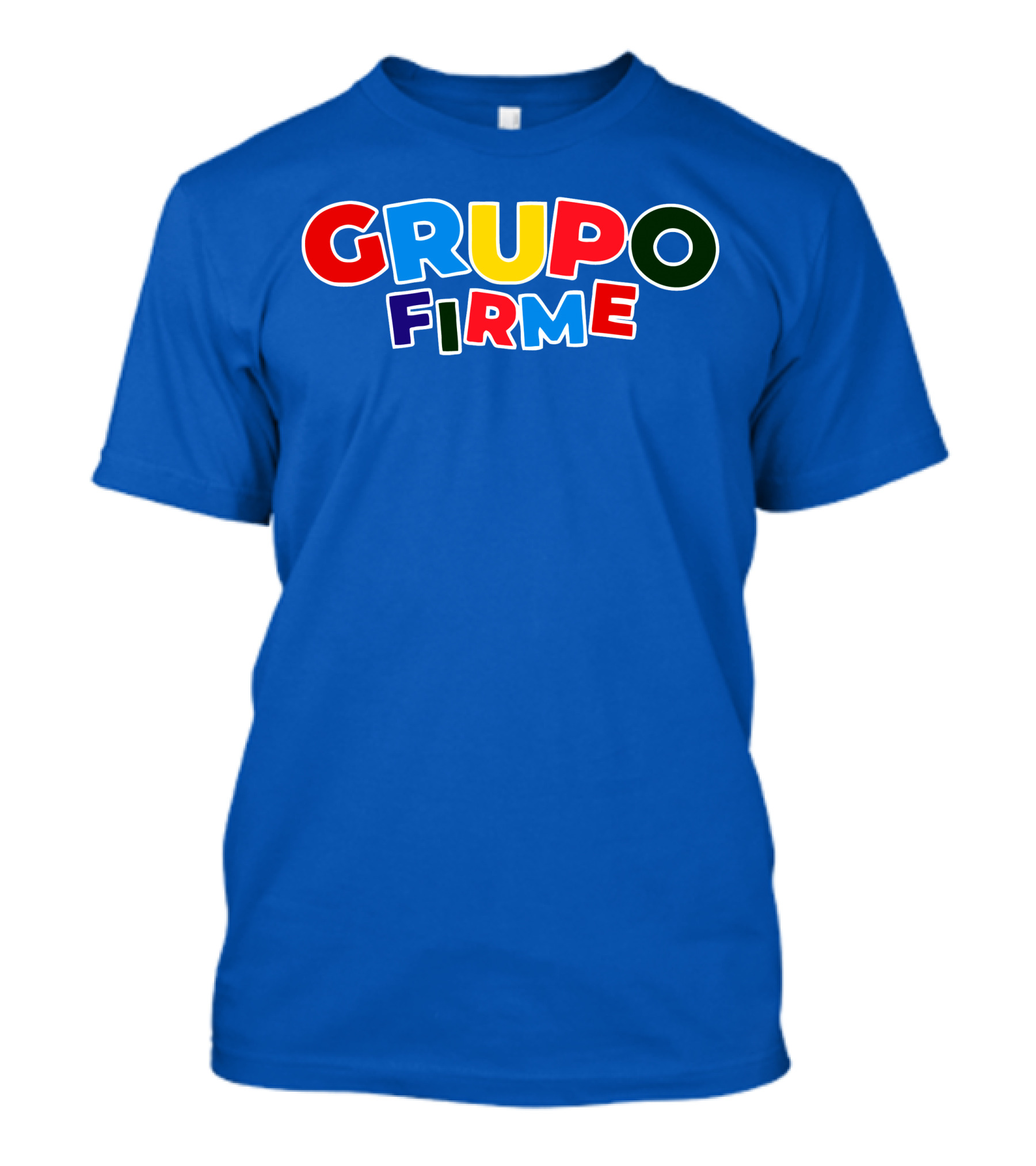 GRUPO FIRME Merch Bold Colorful Text On Blue T-Shirt