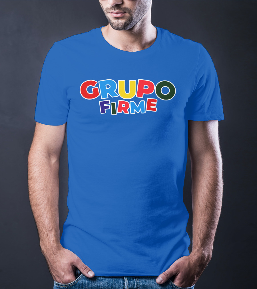 GRUPO FIRME Merch Bold Colorful Text On Blue T-Shirt