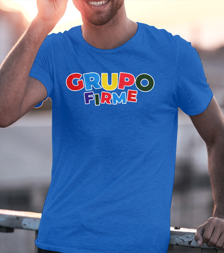GRUPO FIRME Merch Bold Colorful Text On Blue T-Shirt