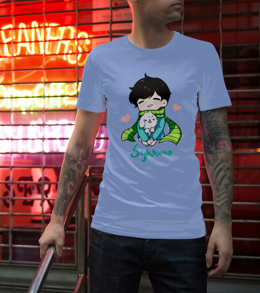 Sykkuno Cute Chibi Character With Puppy And Green Scarf T-Shirt