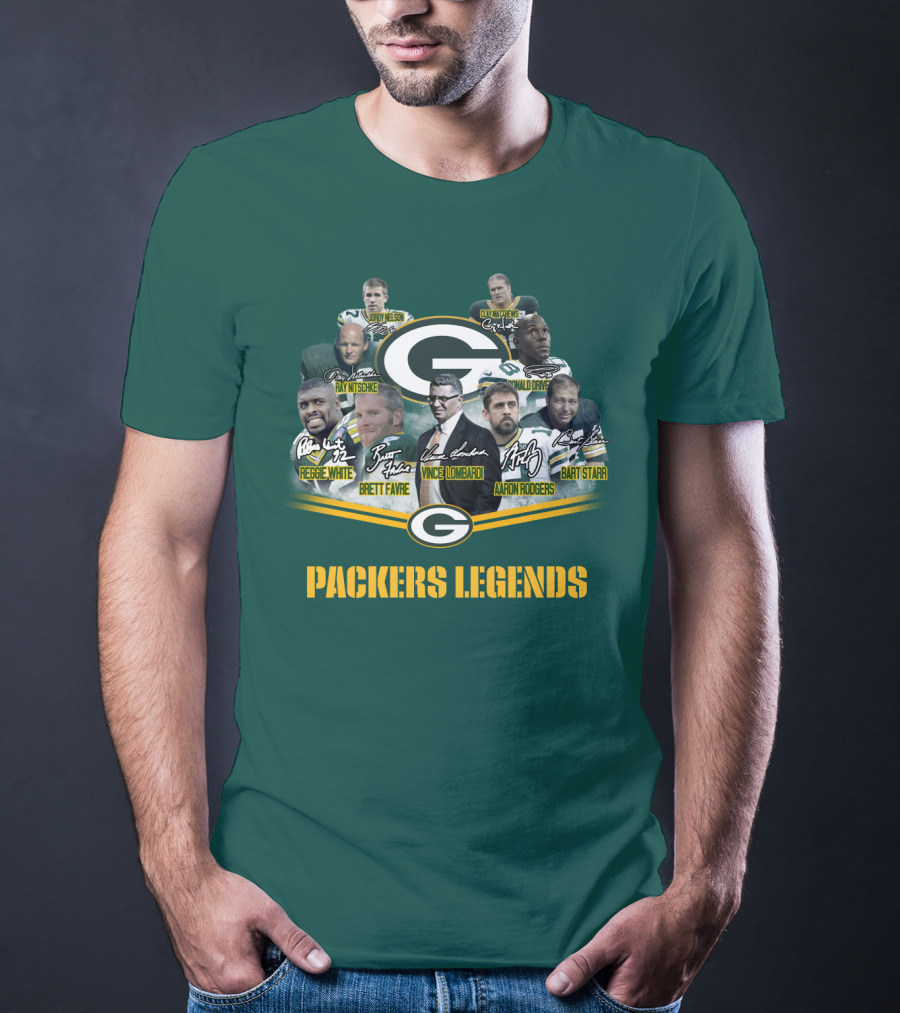 Packers Legends Vince Lombardi Reggie White Brett Favre Aaron Rodgers Ray Nitschke Bart Starr Curly Lambeau Paul Hornung T-Shirt