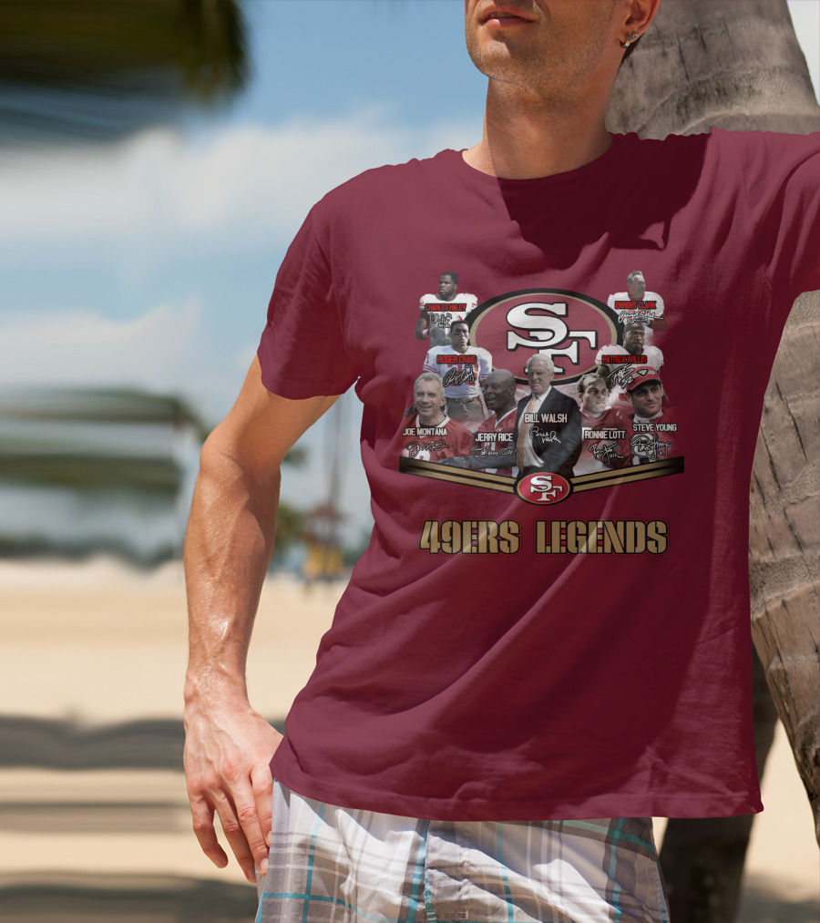 49ers Legends Joe Montana Jerry Rice Ronnie Lott Steve Young Charles Haley Roger Craig Dwight Clark Patrick Willis Bill Walsh T-Shirt