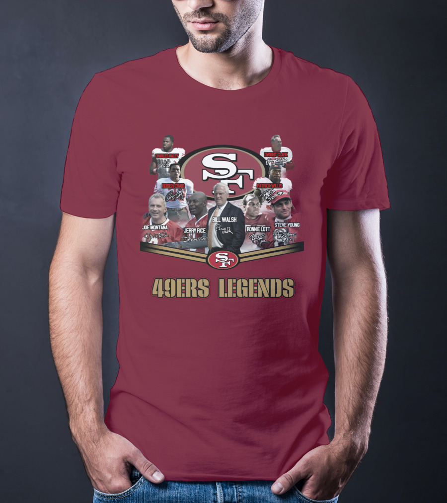 49ers Legends Joe Montana Jerry Rice Ronnie Lott Steve Young Charles Haley Roger Craig Dwight Clark Patrick Willis Bill Walsh T-Shirt