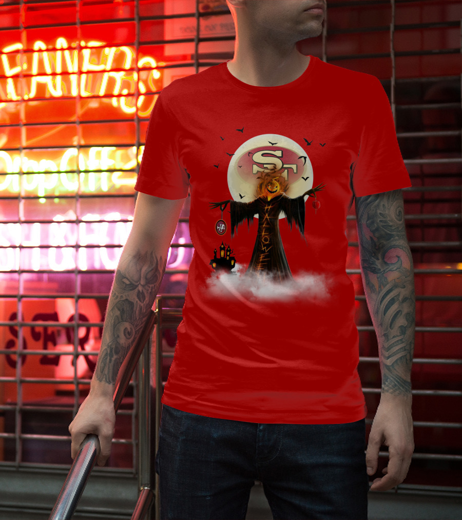 Halloween Scarecrow With Sf Logo And Haunted Castle T-Shirt