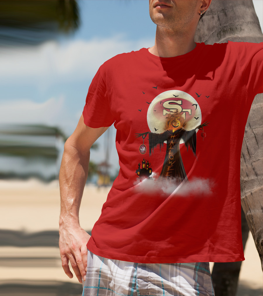 Halloween Scarecrow With Sf Logo And Haunted Castle T-Shirt