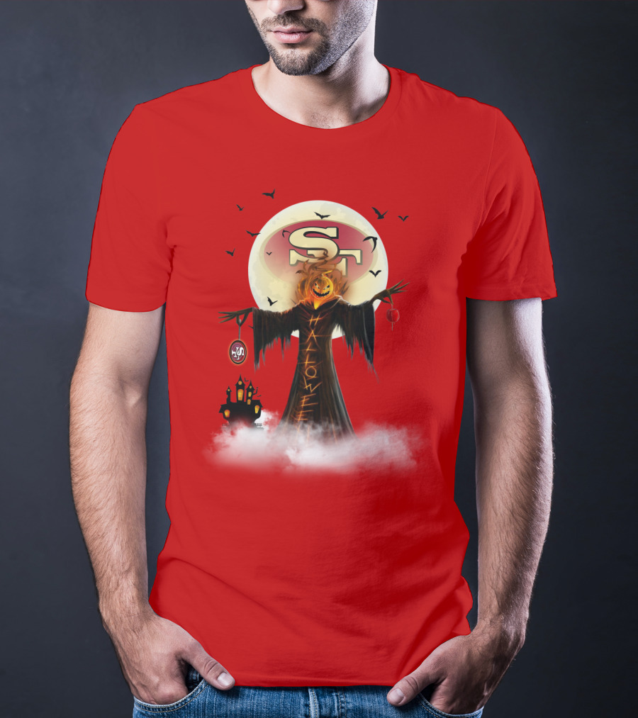 Halloween Scarecrow With Sf Logo And Haunted Castle T-Shirt