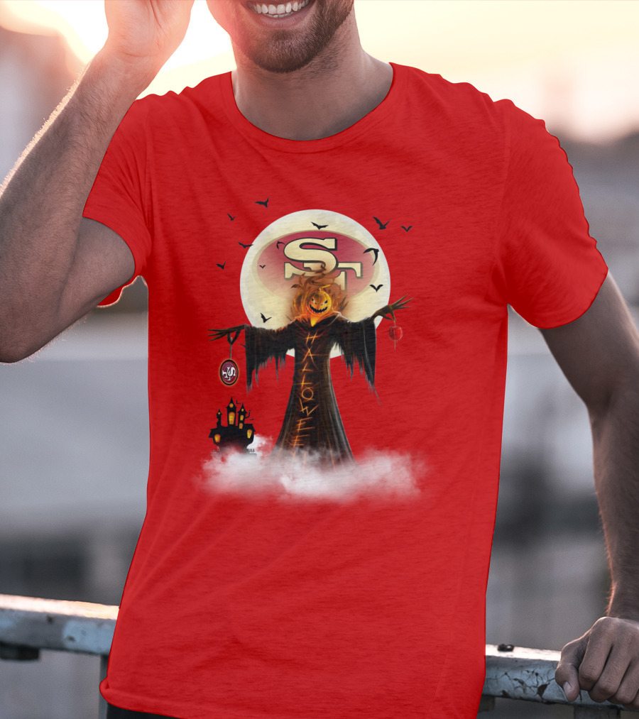 Halloween Scarecrow With Sf Logo And Haunted Castle T-Shirt