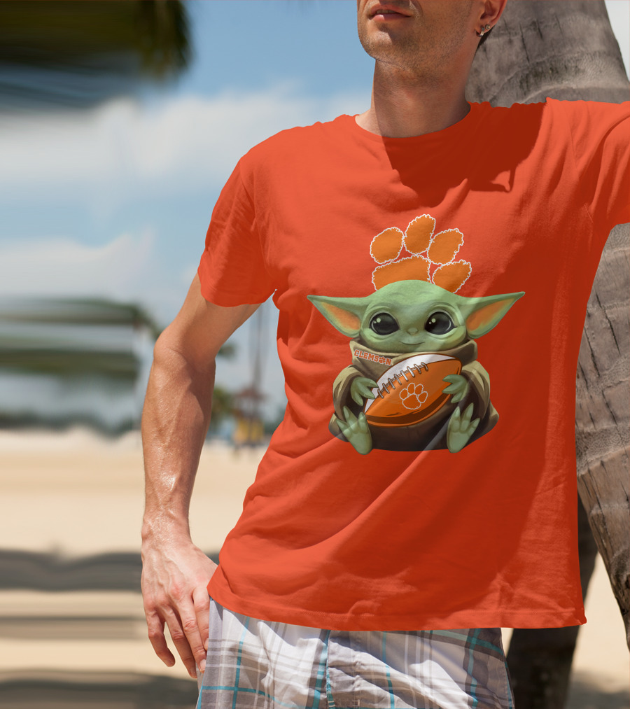 Clemson Orange Paw Baby Yoda Football T-Shirt