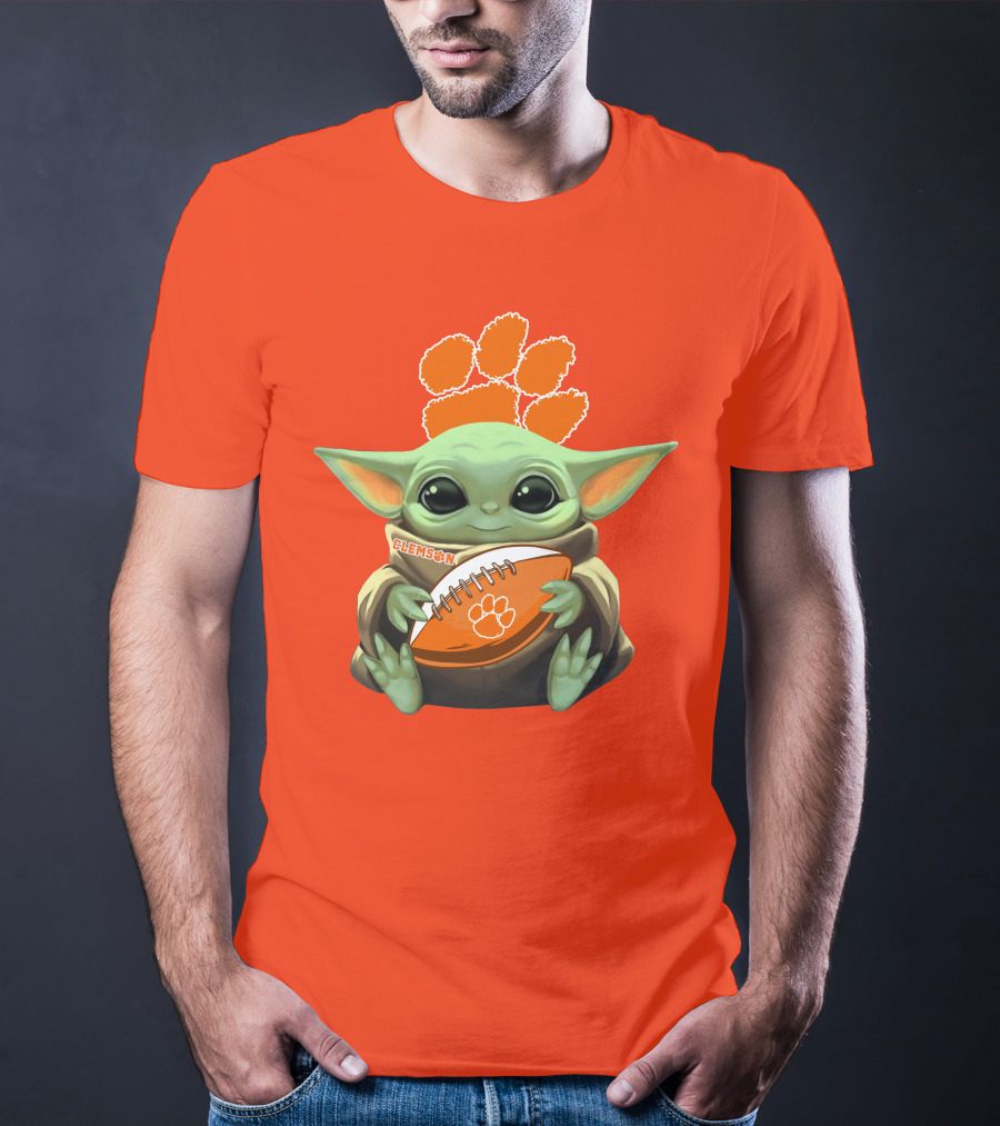 Clemson Orange Paw Baby Yoda Football T-Shirt