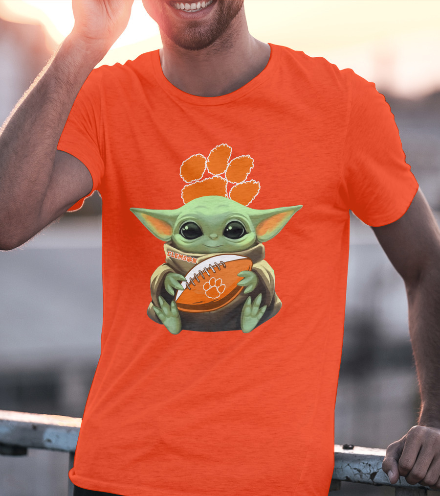 Clemson Orange Paw Baby Yoda Football T-Shirt