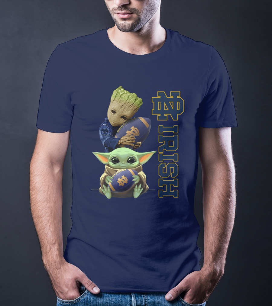Notre Dame Irish Baby Groot And Baby Yoda Football T-Shirt