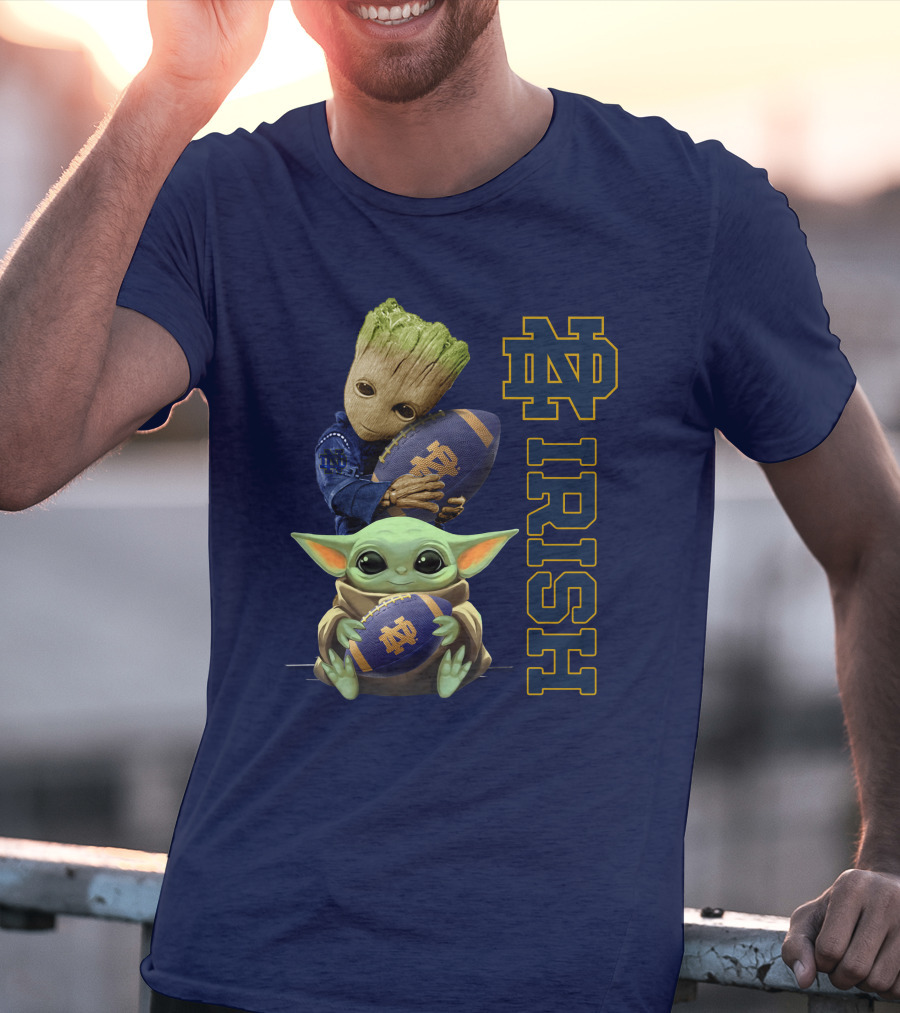 Notre Dame Irish Baby Groot And Baby Yoda Football T-Shirt