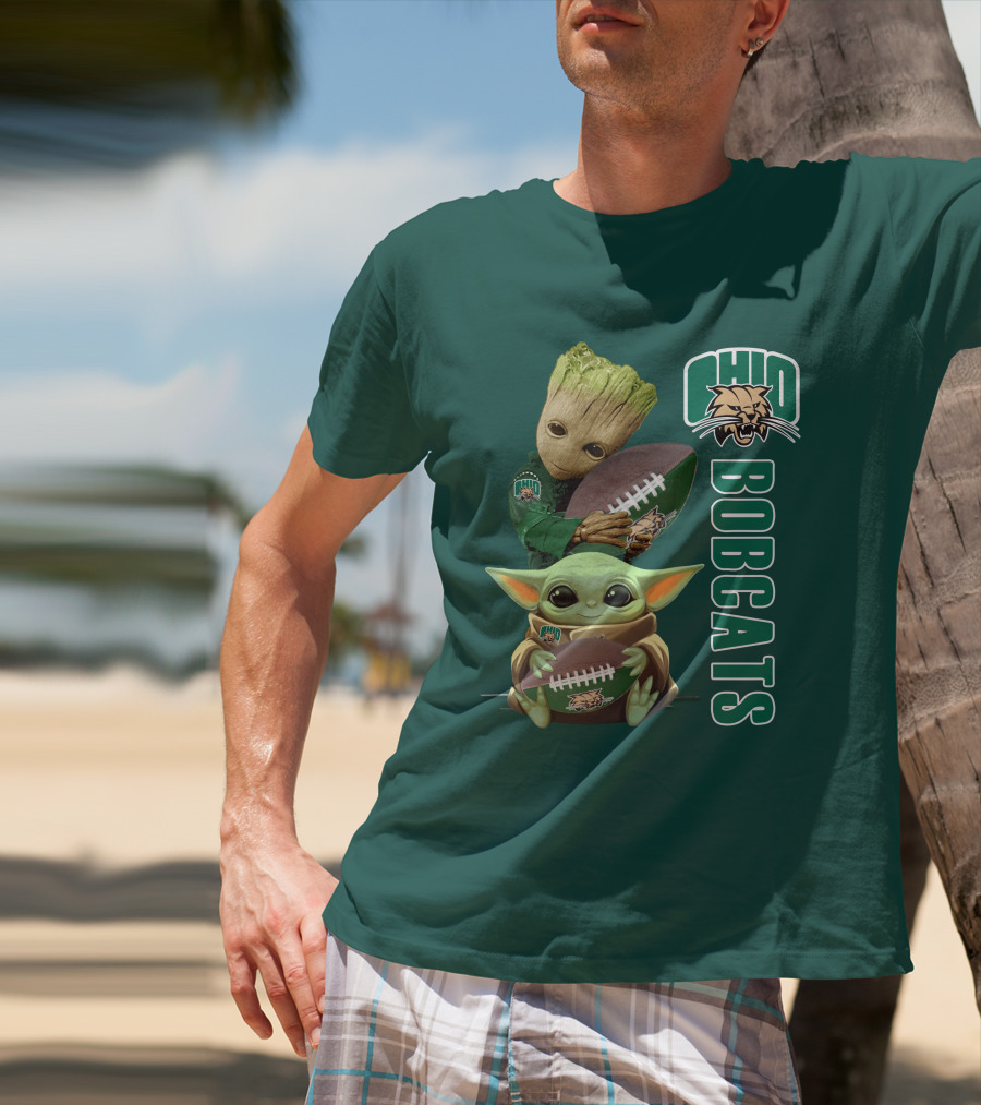 Ohio Bobcats Grogu And Groot Football T-Shirt