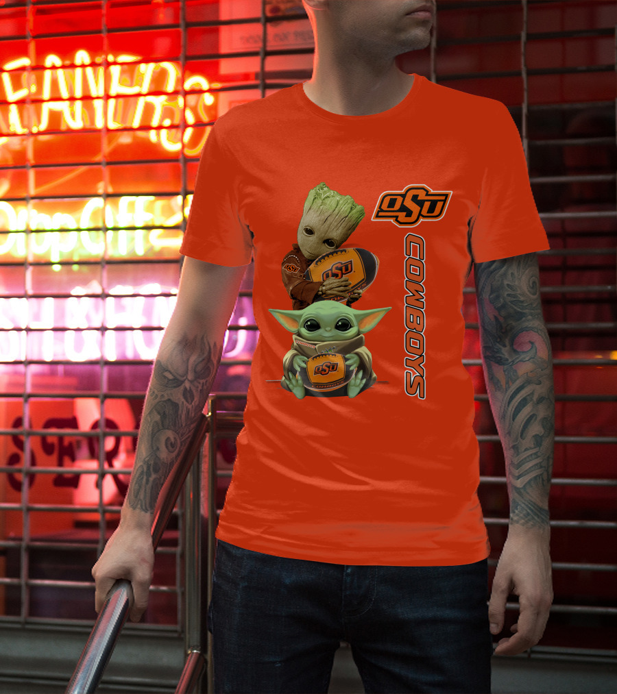 Osu Cowboys Groot And Baby Yoda Hugging Football T-Shirt