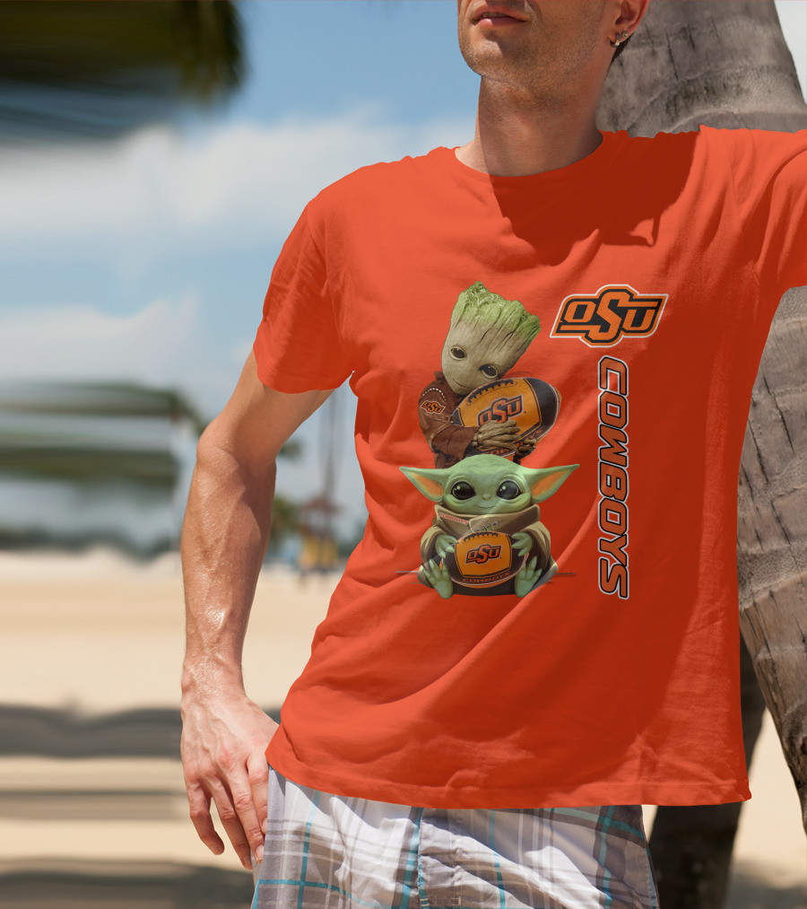 Osu Cowboys Groot And Baby Yoda Hugging Football T-Shirt