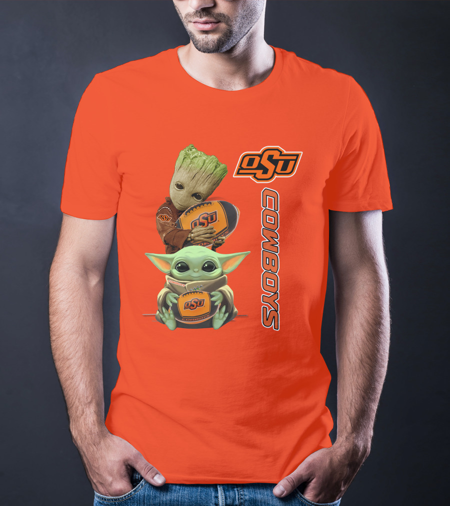 Osu Cowboys Groot And Baby Yoda Hugging Football T-Shirt