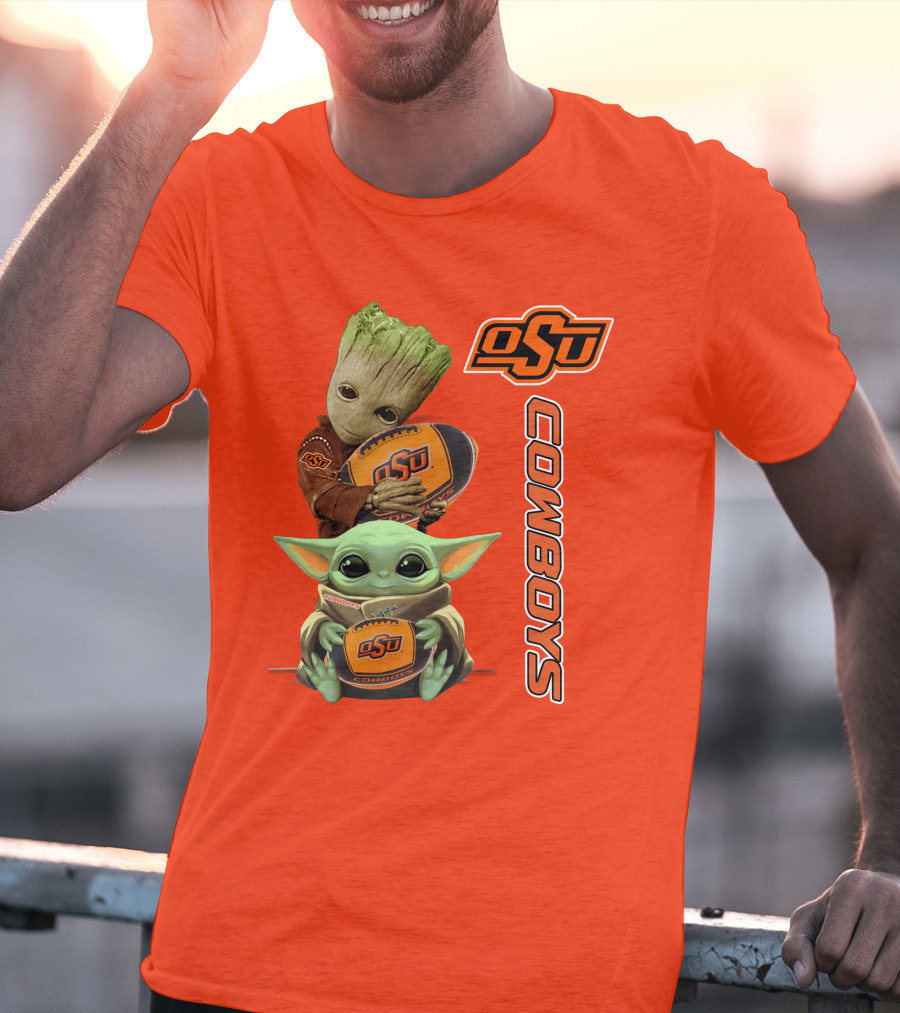 Osu Cowboys Groot And Baby Yoda Hugging Football T-Shirt