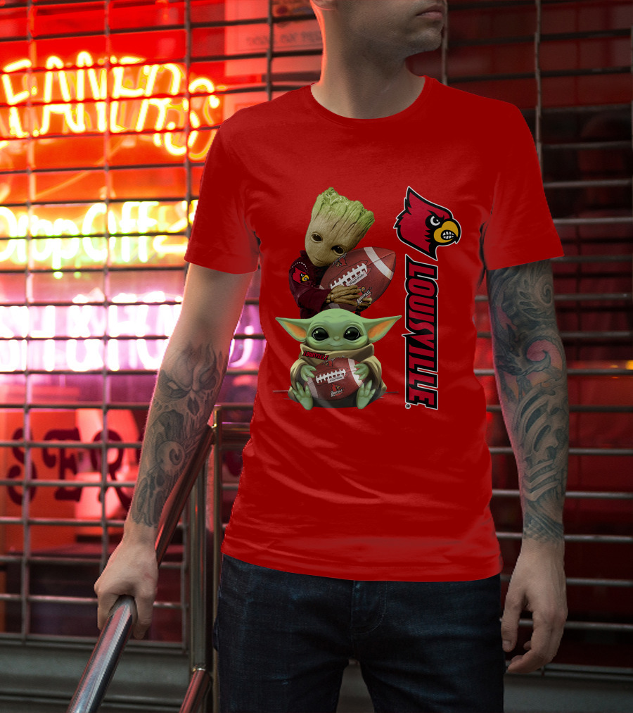 Groot Baby Yoda Holding Football Louisville Cardinals T-Shirt