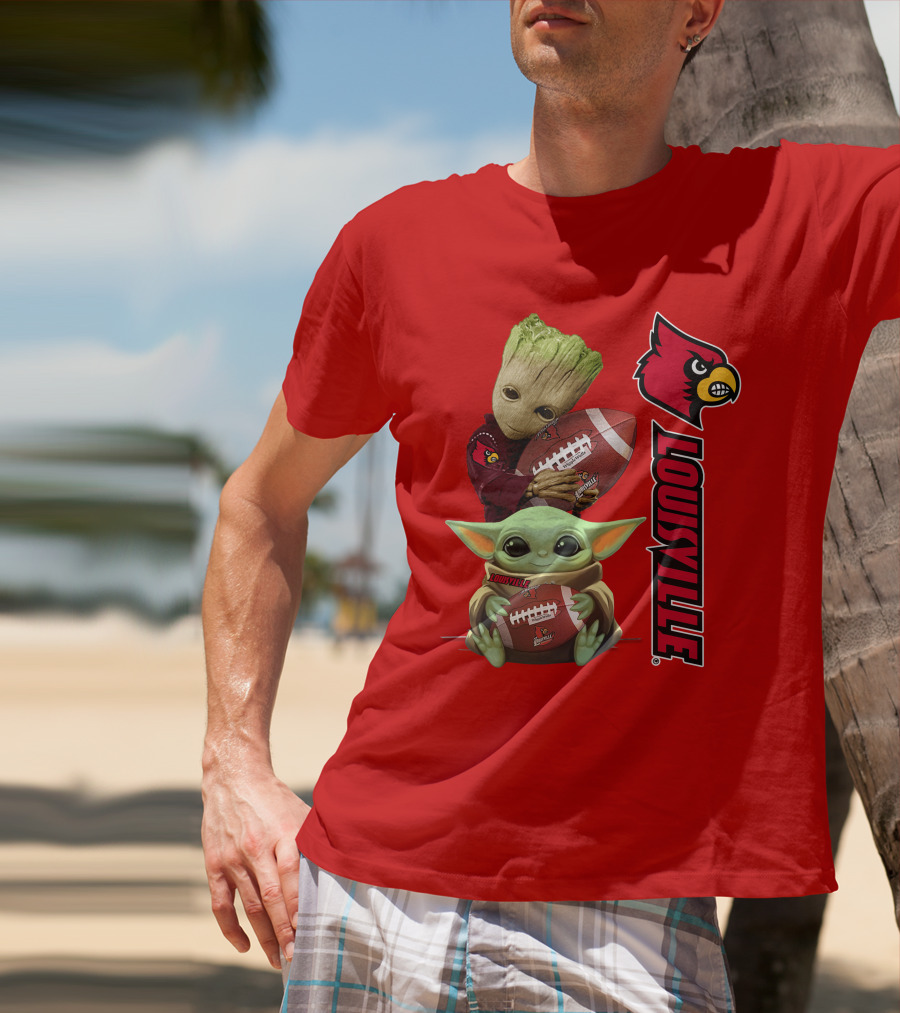 Groot Baby Yoda Holding Football Louisville Cardinals T-Shirt