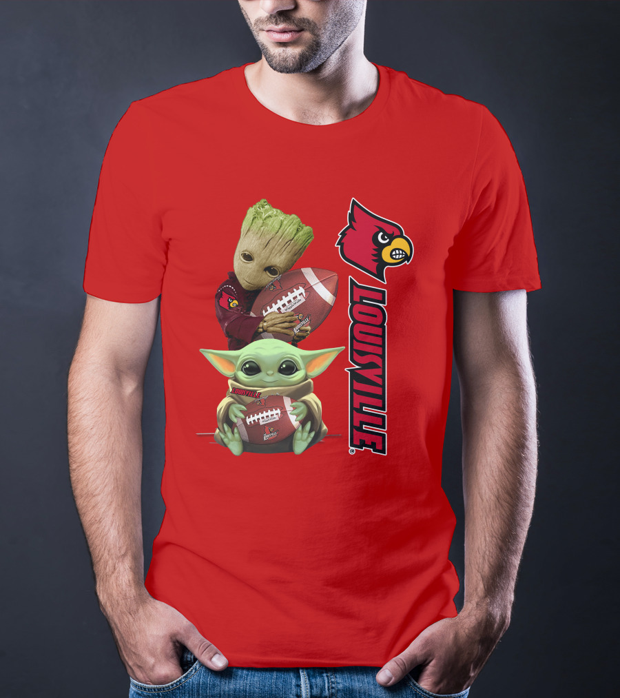 Groot Baby Yoda Holding Football Louisville Cardinals T-Shirt
