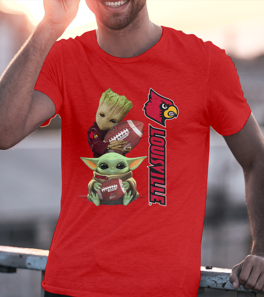 Groot Baby Yoda Holding Football Louisville Cardinals T-Shirt
