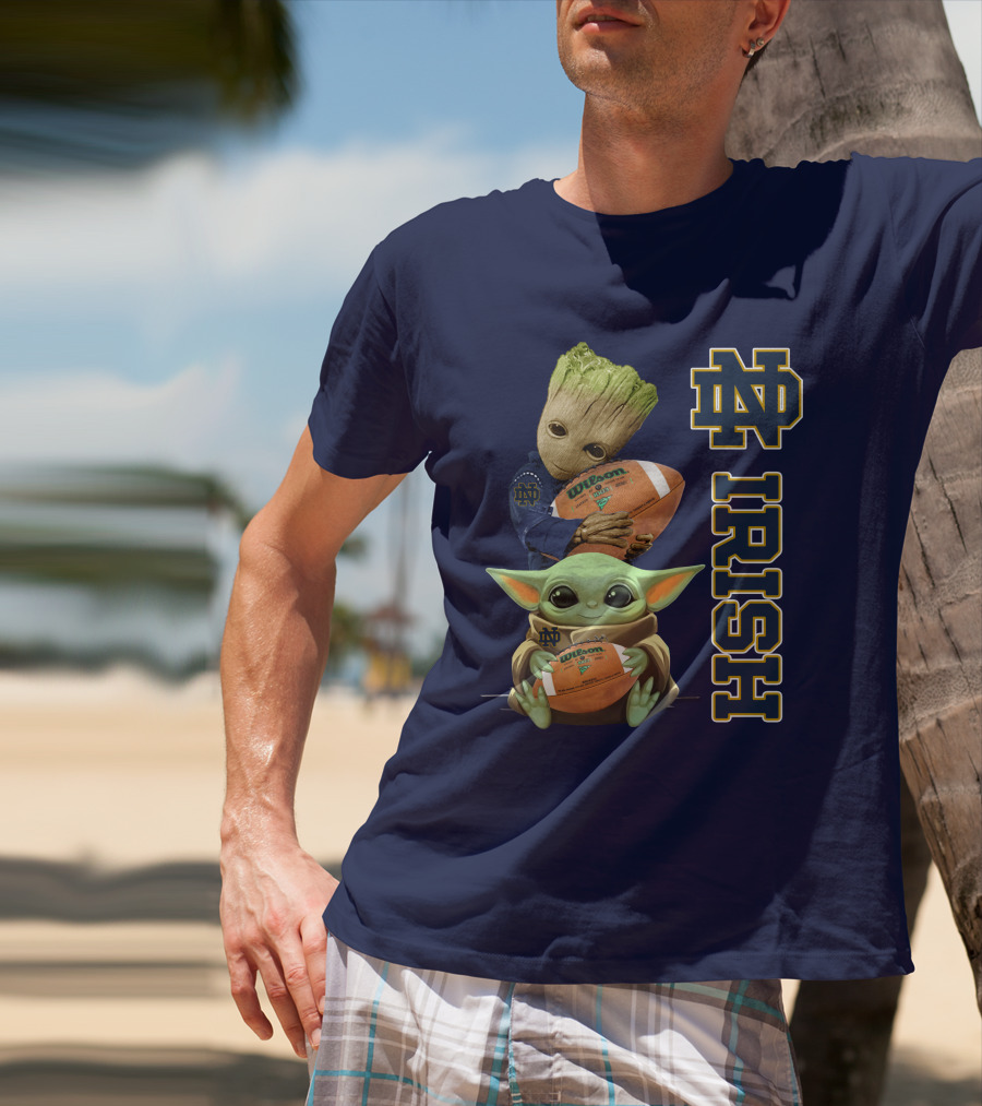 Notre Dame Irish Groot And Baby Yoda Holding Wilson Football T-Shirt