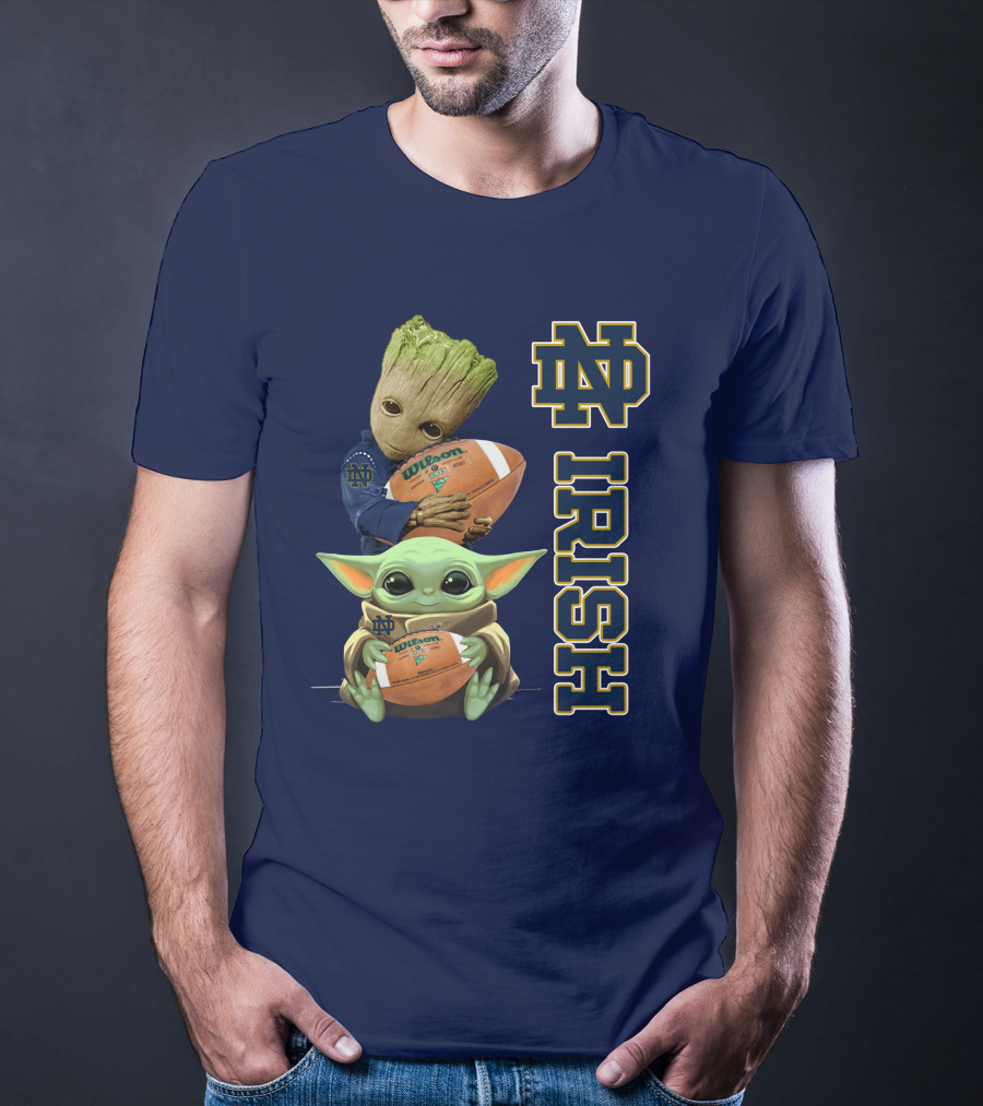 Notre Dame Irish Groot And Baby Yoda Holding Wilson Football T-Shirt