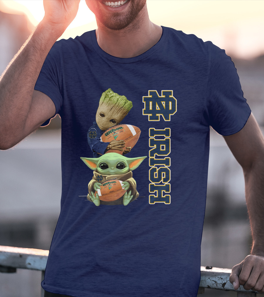 Notre Dame Irish Groot And Baby Yoda Holding Wilson Football T-Shirt