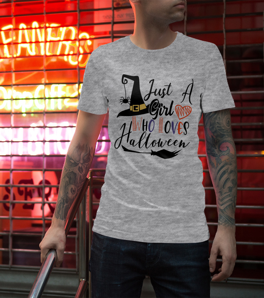Just A Girl Who Loves Halloween Witch Hat And Broom With Spider And Heart T-Shirt
