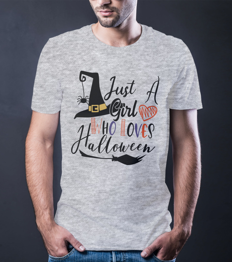 Just A Girl Who Loves Halloween Witch Hat And Broom With Spider And Heart T-Shirt