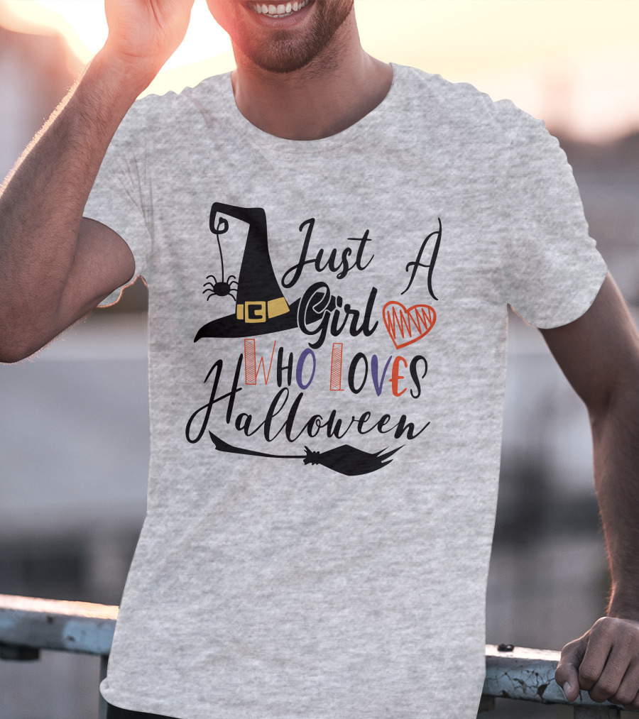 Just A Girl Who Loves Halloween Witch Hat And Broom With Spider And Heart T-Shirt