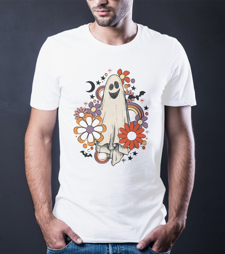 Retro Halloween Ghost With Flowers And Bats T-Shirt